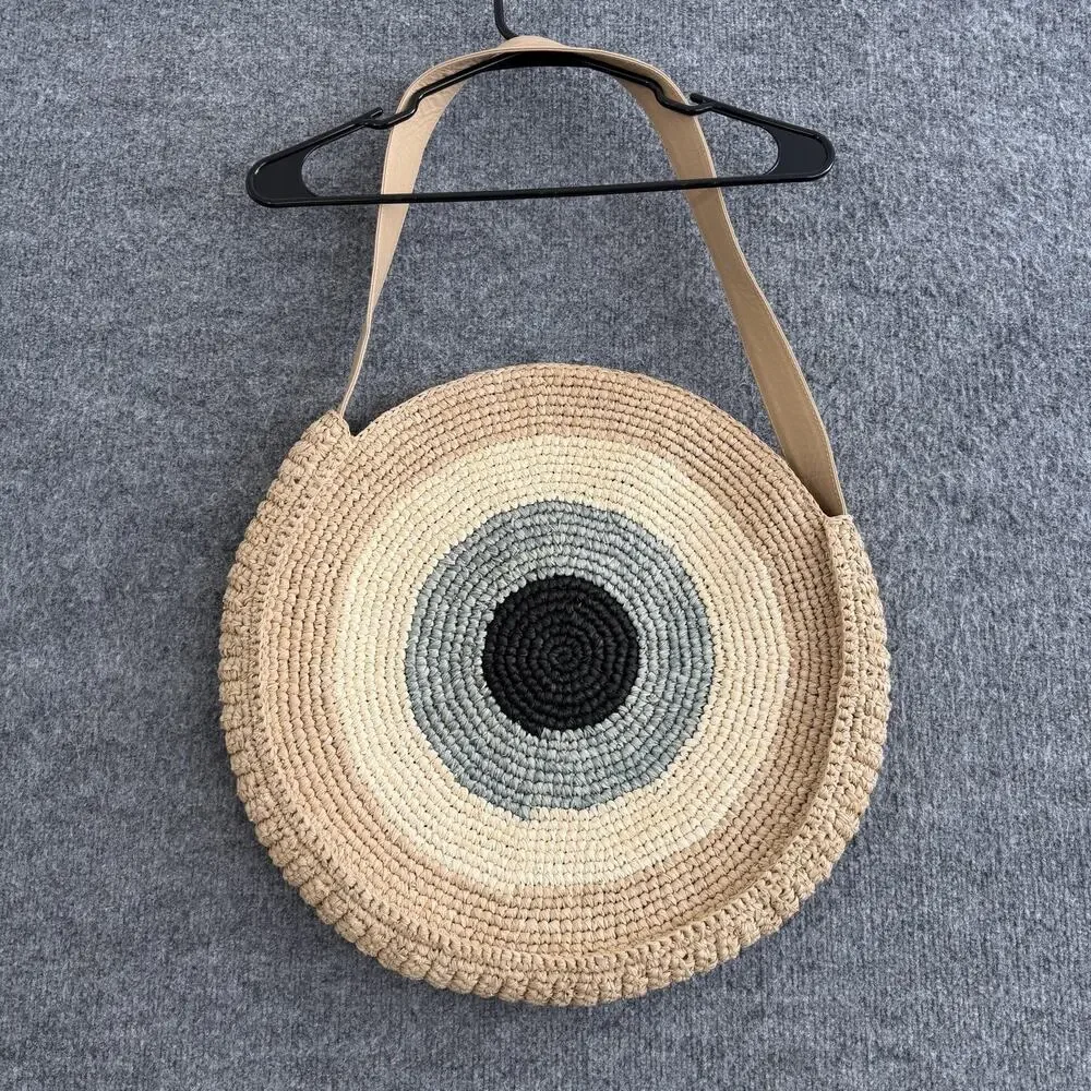 Skemo Round Straw Shoulder Bag Large Beige Evil Eye Rhinestone Boho Beach
